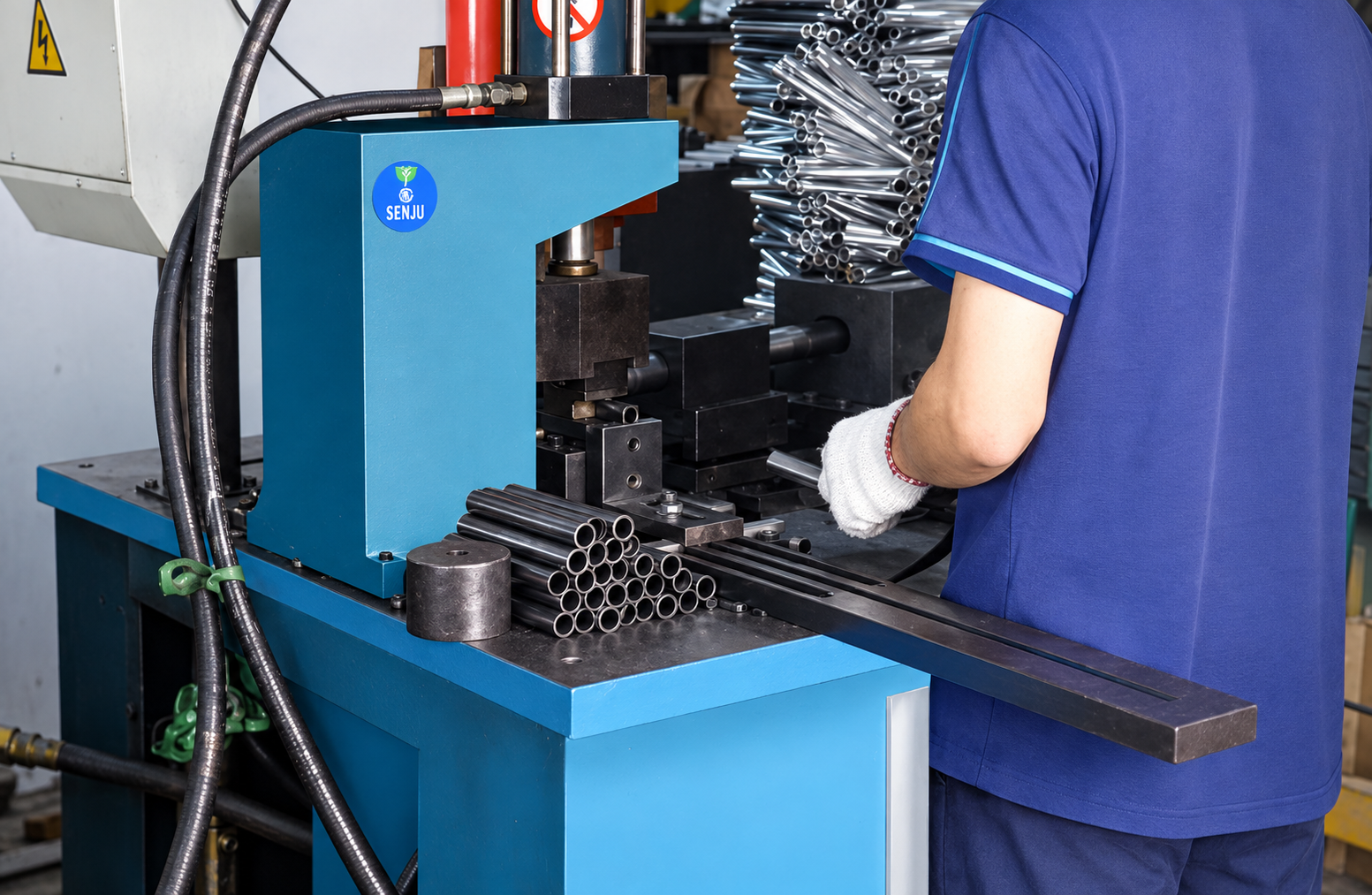 Operator checking production equipment and prepared metal components